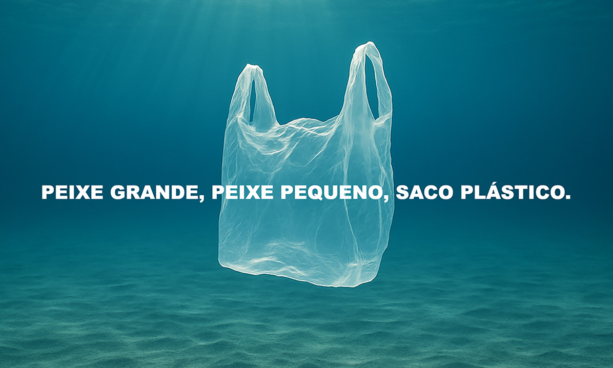 A translucent plastic bag floats underwater, illuminated by sunlight. The underwater background shows the barren sea floor. Overlayed is bold white text reading "BIG FISH, LITTLE FISH, PLASTIC BAG.”