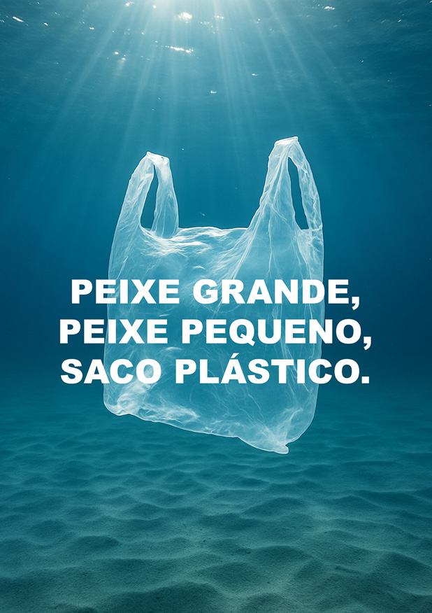 A translucent plastic bag floats underwater, illuminated by sunlight. The underwater background shows the barren sea floor. Overlayed is bold white text reading "BIG FISH, LITTLE FISH, PLASTIC BAG.”