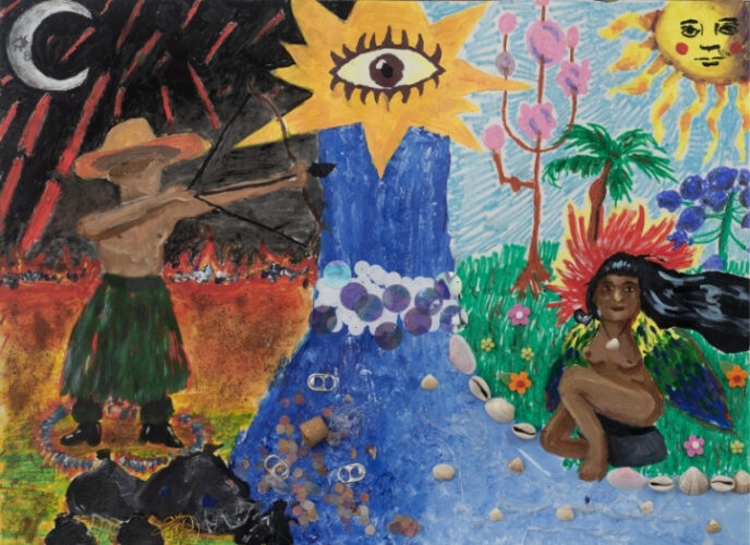The work creates a direct contrast between destruction and life. On one side, the landscape is in flames, marked by rubbish and the figure of the hunter/deforester. On the other, there is a territory of care and enchantment, inhabited by a feminine spirit of the forest, reminiscent of Comadre Fulozinha.
