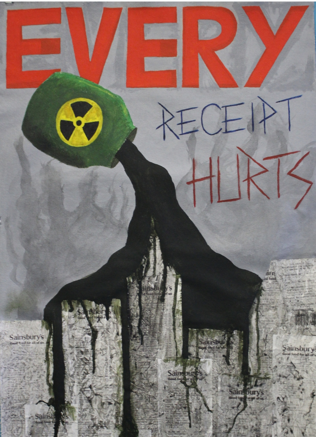 A mixed-media artwork shows a black, dripping oil-like shape pouring from a green fuel nozzle marked with a yellow radioactive symbol. The background is collaged with newspaper receipts, and bold text reads “EVERY RECEIPT HURTS".