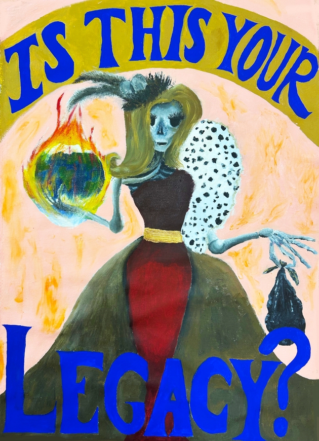 A painting of a skeleton lady. She is dressed lavishly and is holding trash. The text on the image reads 'Is this your legacy?'