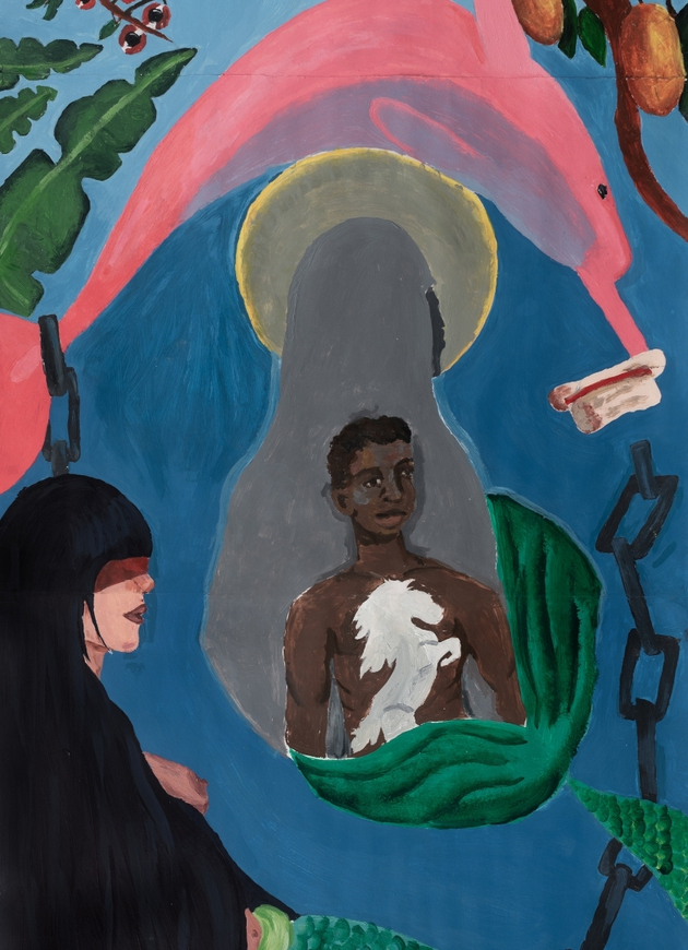 The scene is crafted as a meeting place, where myths from Brazilian folklore share the same symbolic space. Iara appears as an aquatic and enchanting presence; the pink river dolphin crosses the composition as a figure of metamorphosis and seduction; and Negrinho do Pastoreio appears as a living memory.