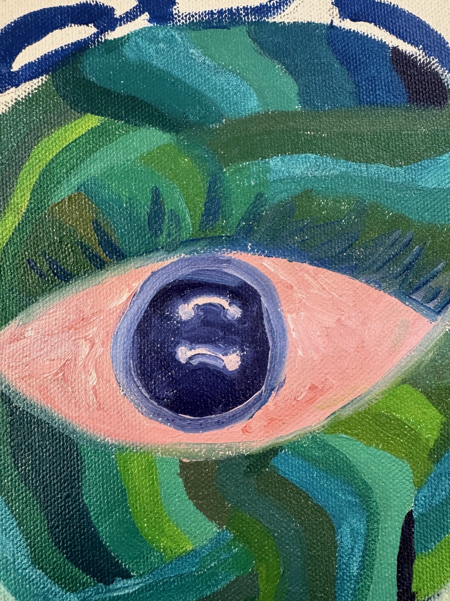 An abstract drawing of an eye, drawn in pastels. In the background are rolling hills in varying shades of greens.