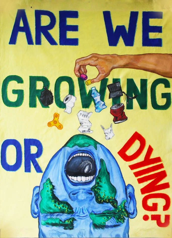 A painting of a person's head, upside-down, at the bottom of the image - they look like a globe and appear to be screaming, with their eyes squeezed shut. The text reads 'Are we growing or dying?' and a person's hand appears to the right, holding rubbish and throwing it on the person.
