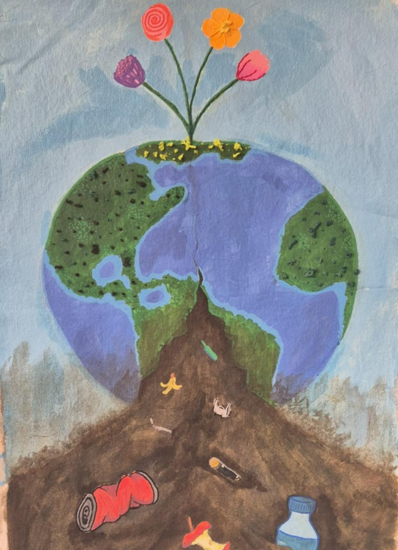 A cracked earth spills out dirt filled with common landfill items such as banana peels, apple cores, aluminium canisters and plastic water bottles. Sprouting out the top of the Earth are colourful flowers.