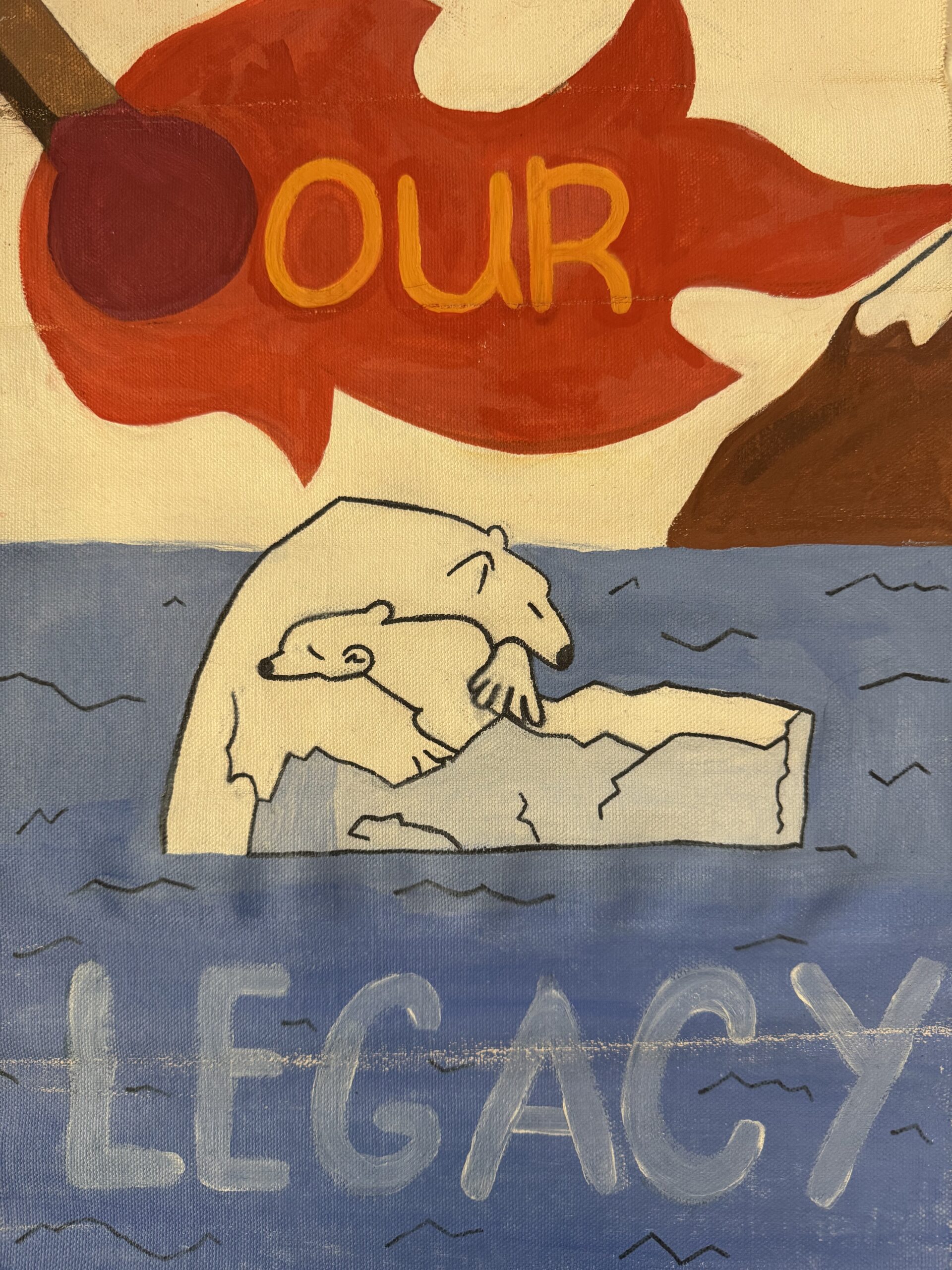 An artwork depicting a polar bear holding its' young on an increasingly small iceberg. Above is a matchstick with fire reading the words: Our legacy